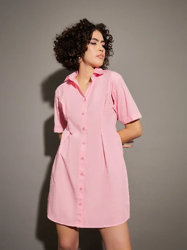 Short sleeve cocktail dress-Women Pink Poplin Shirt Dress