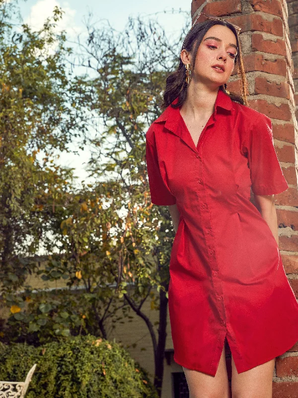 Peplum cocktail dress-Women Red Poplin Shirt Dress