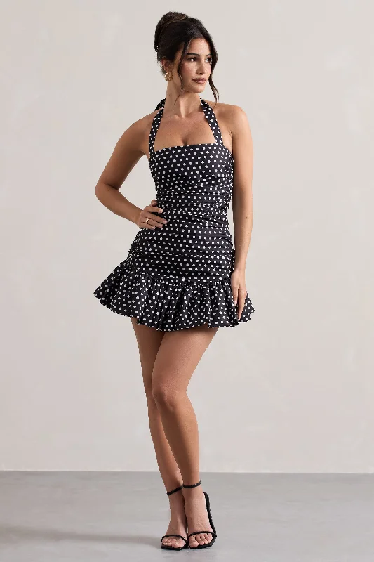 Tiered evening dress-Zahra | Black & White Polka Dot Halter-Neck Ruched Mini Dress With Ruffle Hem