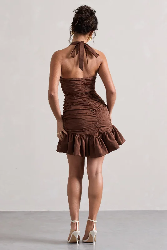 Satin midi dress-Zahra | Chocolate Brown Halter-Neck Ruched Mini Dress With Ruffle Hem