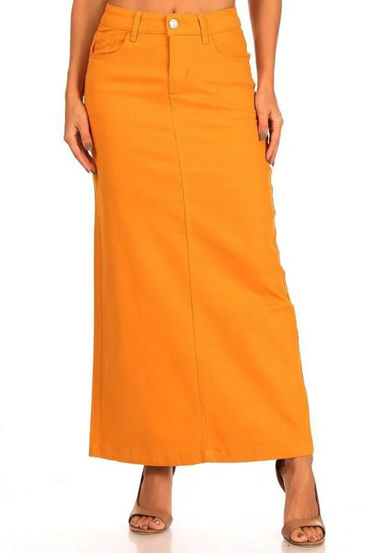 Pencil skirt with slit-Ava Long Color Denim Skirt in Mustard (FINAL SALE)