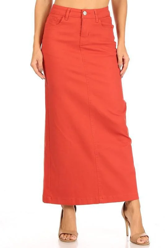 High-low maxi skirt-Ava Long Color Denim Skirt in Terra Cotta (FINAL SALE)