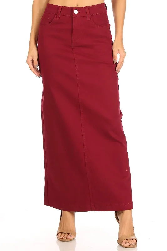 Silk maxi skirt-Ava Long Color Denim Skirt in Wine