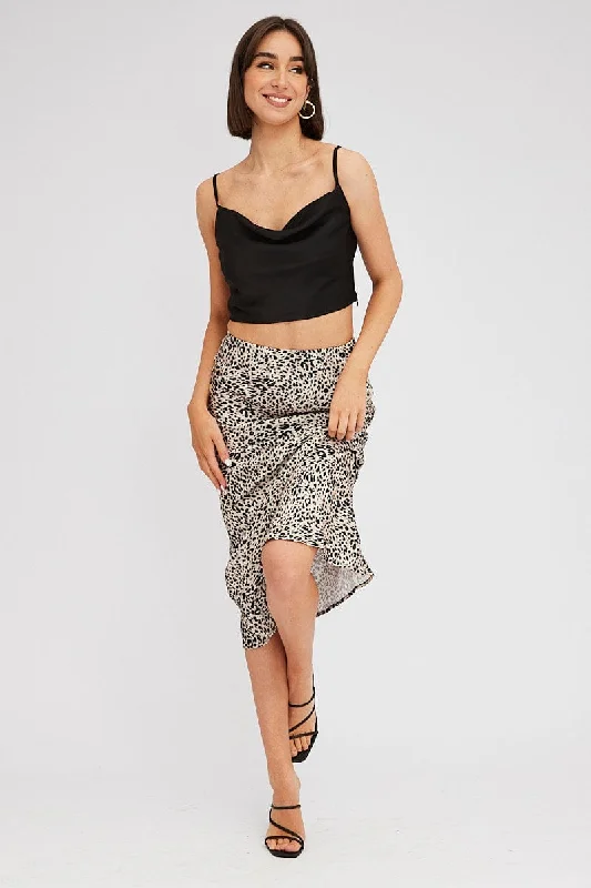 Black skirt in satin-Beige Animal Print Slip Skirt Maxi