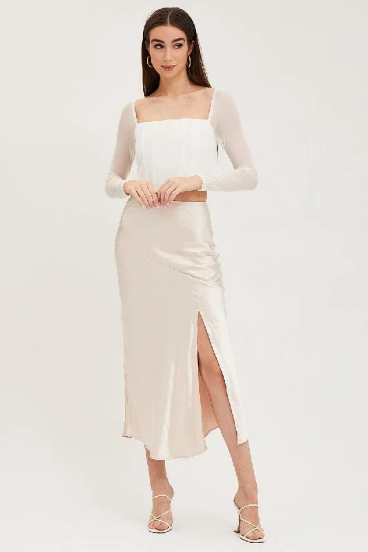 Red velvet skirt-Beige Slip Skirt Front Split Satin