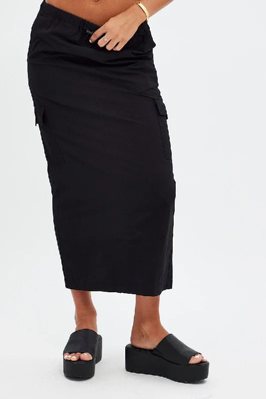 Pleated skirt with pockets-Black Cargo Skirt Midi Cotton