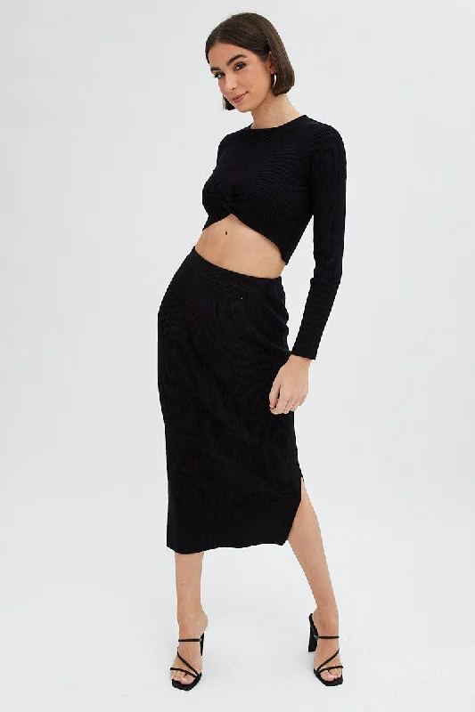 Mini denim skirt-Black Knit Skirt High Rise Ribbed Midi