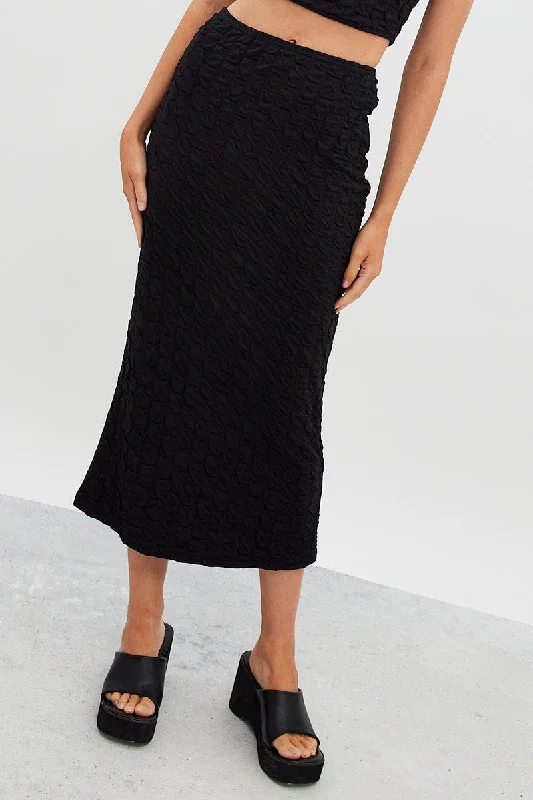 Black skirt with fringe-Black Maxi Skirt High Rise Bodycon Textured Jersey