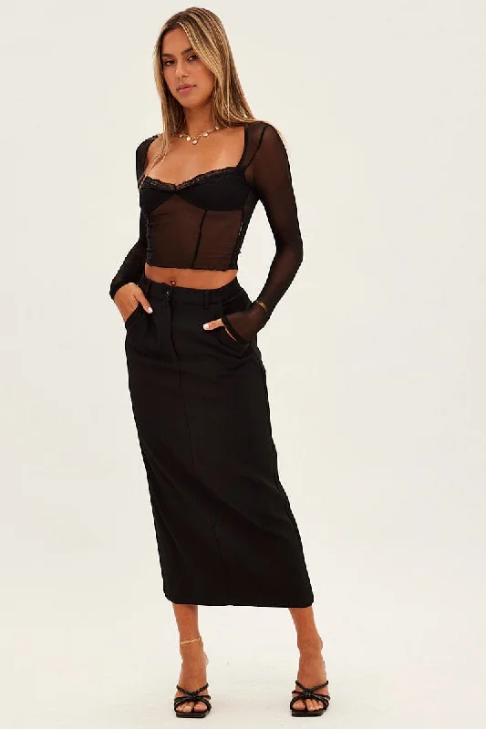 Black skirt in lace-Black Maxi Skirt High Rise Pencil Back Slit