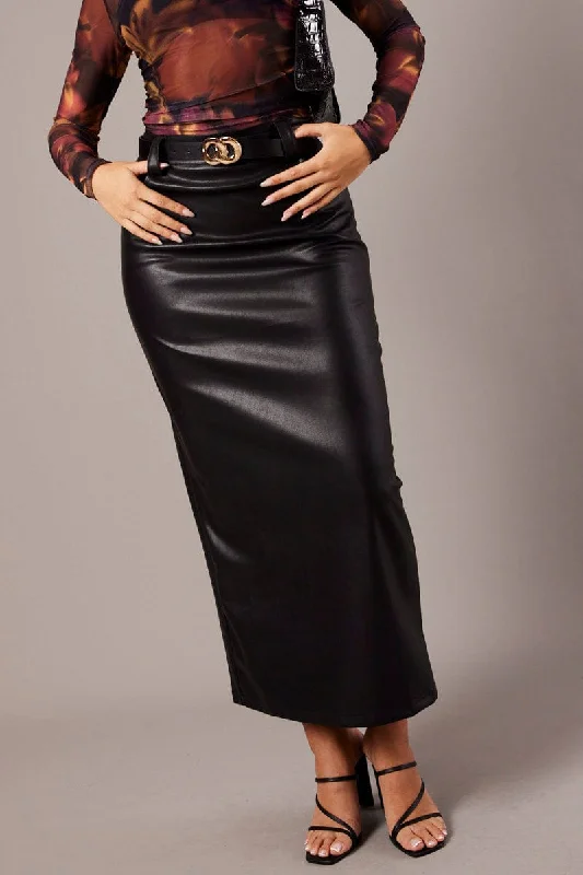 Tiered maxi skirt-Black Midi Skirt Faux Leather