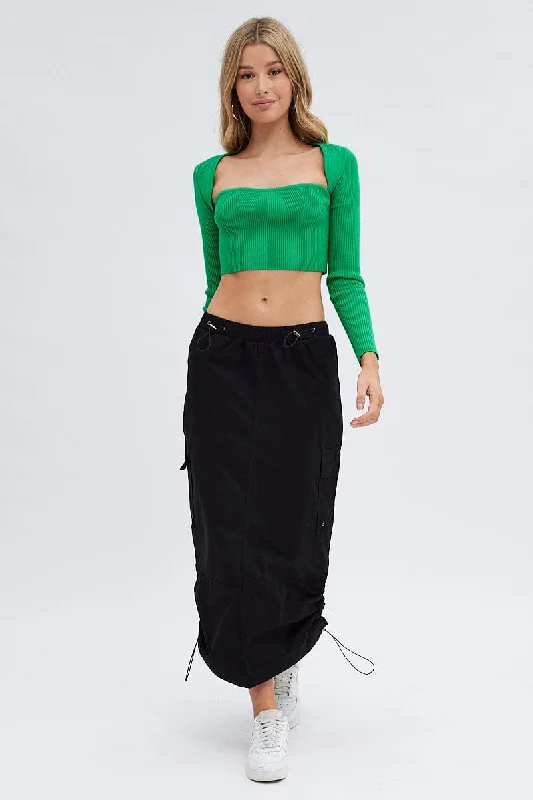 Tiered midi skirt-Black Parachute Cargo Skirt Low Rise Midi