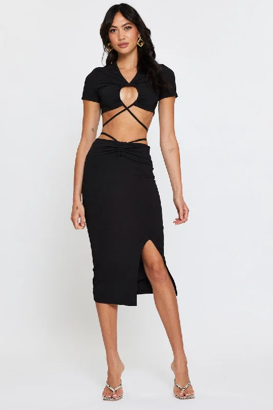 High-low skirt-Black Ribbed Bodycon Midi Skirt