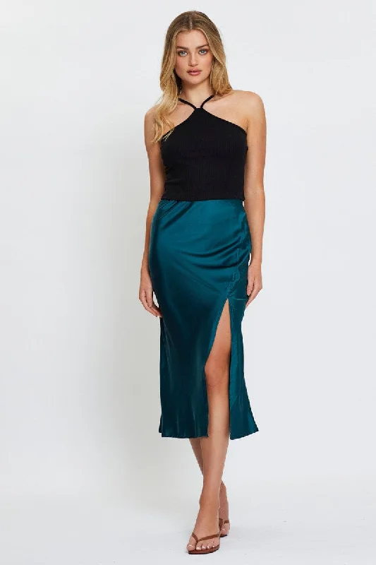 Tulle ballerina skirt-Blue Front Slit Slip Midi Skirt