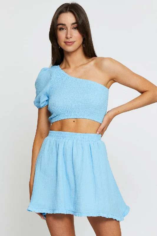 Fringe western skirt-Blue Skater Mini Skirt