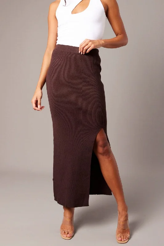 White skirt in silk-Brown Knit Skirt Front Split High Rise