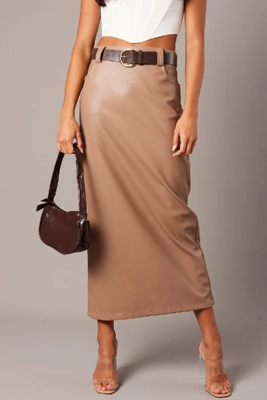 Mini skirt in beige-Brown Midi Skirt Faux Leather