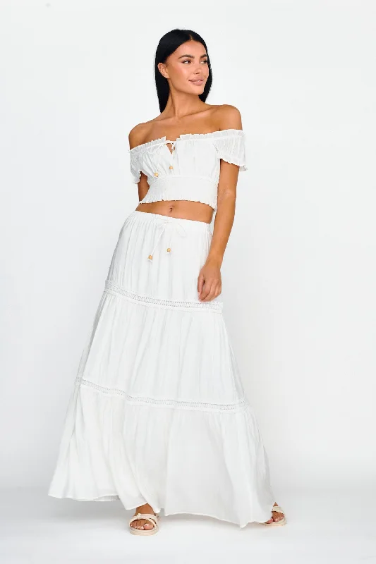 Sequin maxi skirt-Canyon Cove Crochet Trim Maxi Skirt White