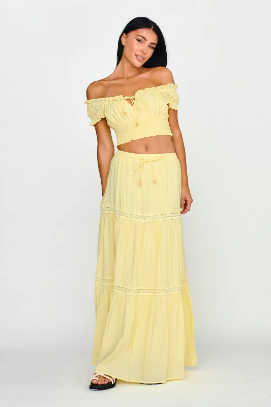 Silk slip skirt-Canyon Cove Crochet Trim Maxi Skirt Yellow