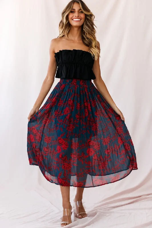 White skirt in satin-Caroline Accordion Pleat Midi Skirt Forest Green/Red