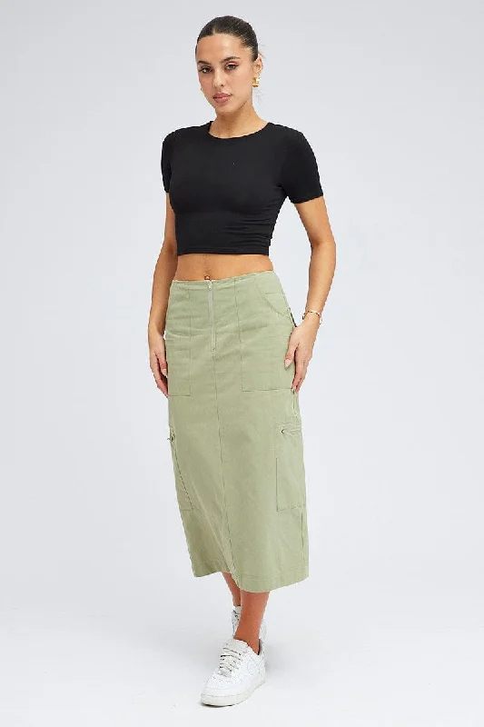 Silk midi skirt-Green Cargo Skirt High Waist A-line Zip Detail Utility