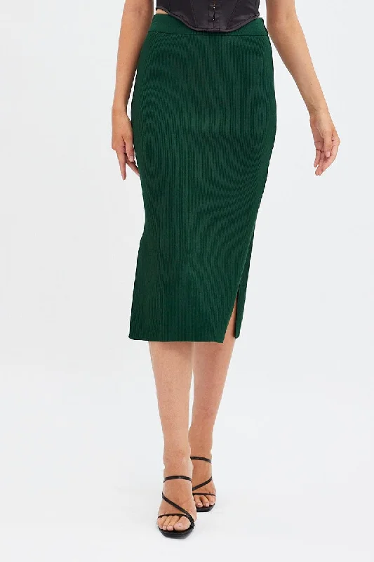 Silk skirt in green-Green Knit Skirt High Rise Midi