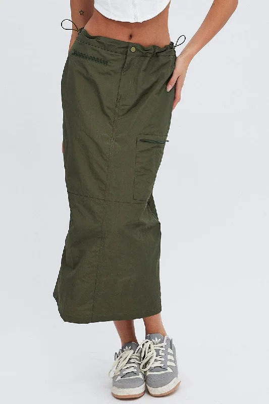 Fringe maxi skirt-Green Parachute Skirt Cargo Mid Rise