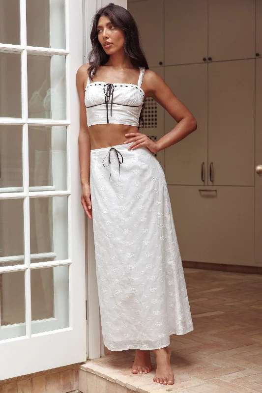 Silk skirt in navy-Helga Eyelet Embroidery Bow Maxi Skirt White