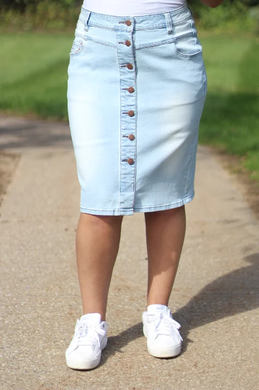 Ruffled midi skirt-Kylie Light Wash Denim Skirt (FINAL SALE)