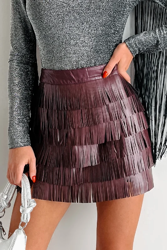 Fringe western skirt-On The Fringes Faux Leather Fringe Skirt (Wine)