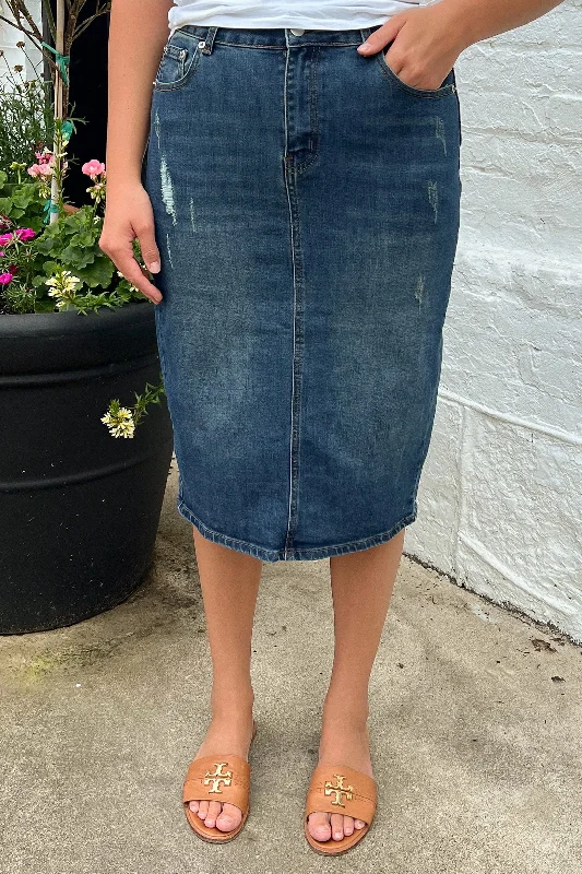 White satin skirt-Piper Distressed Denim Skirt in Dk. Indigo (Final Sale)