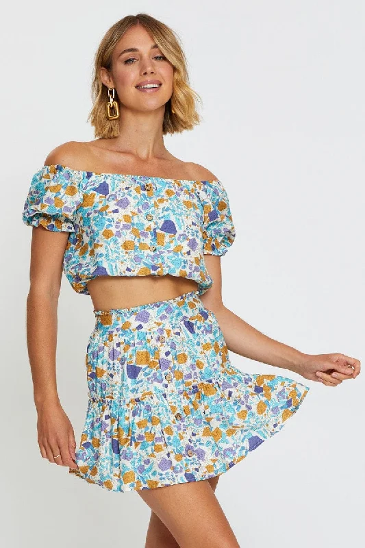 Wrap front skirt-Print Flare Skirt Mini High Rise