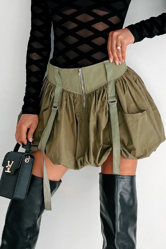 Smocked midi skirt-Rebel By Choice Strap Detail Bubble Skirt (Olive)