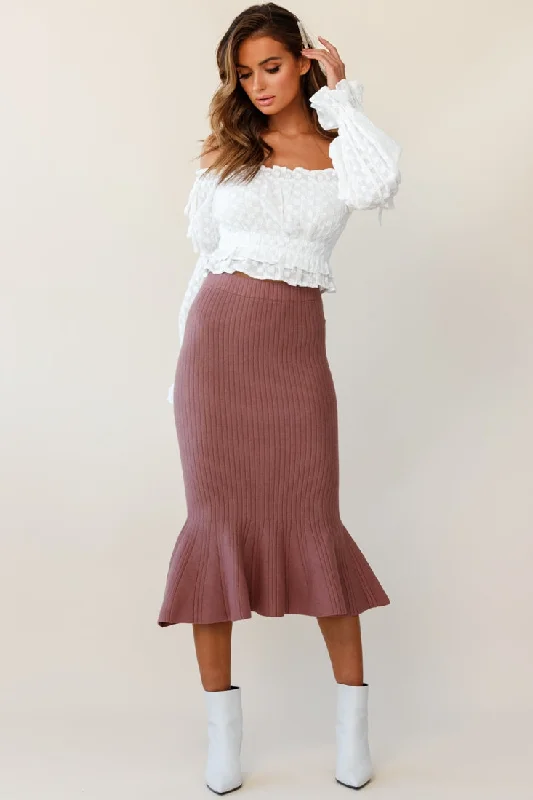 Ruffled skirt in teal-Shalon Ribbed Knit Fluted Hem Midi Skirt Antique Rose