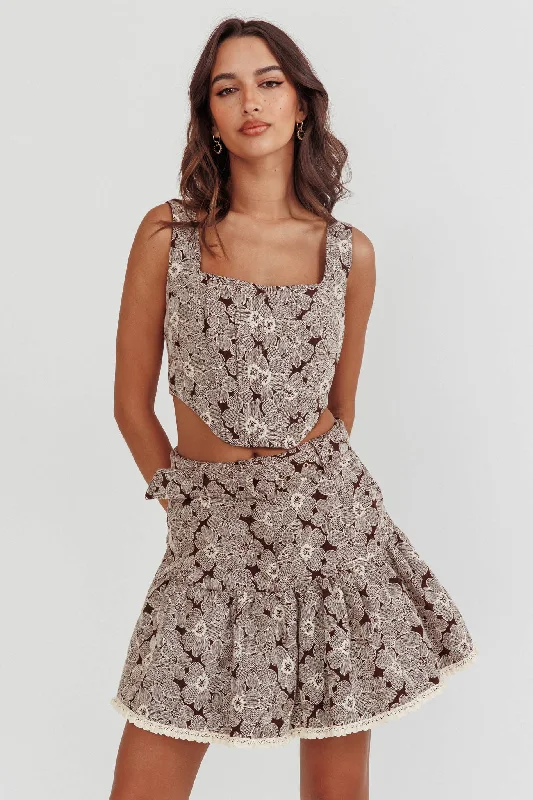 A-line skirt with belt-Southern Belles Belted Waist Mini Skirt Floral Brown