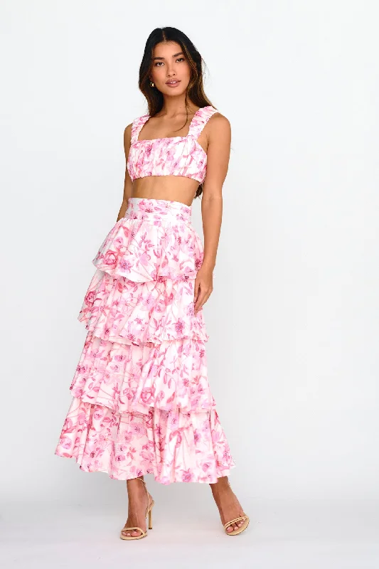 Black skirt in lace-Suenito Tiered Frill Maxi Skirt Floral Pink