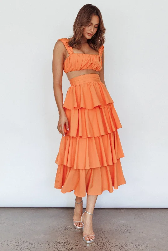 Embroidered midi skirt-Suenito Tiered Frill Maxi Skirt Orange