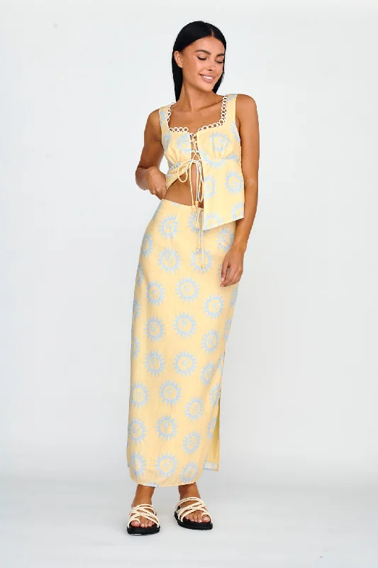 Wrap skirt in yellow-Sun Days Midi Skirt Sun Lemon