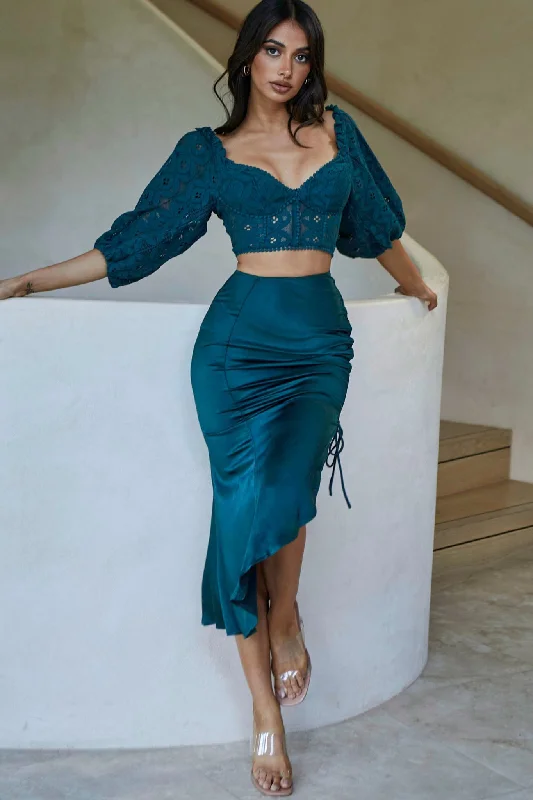 Smocked skirt in teal-Twinkling Nights Asymmetrical Hem Ruched Side Satin Midi Skirt Jade Green